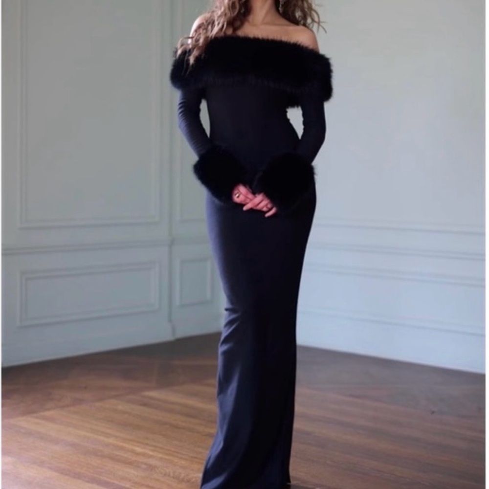 Selkie Anastasia Fur Trimmed Maxi Dress Small